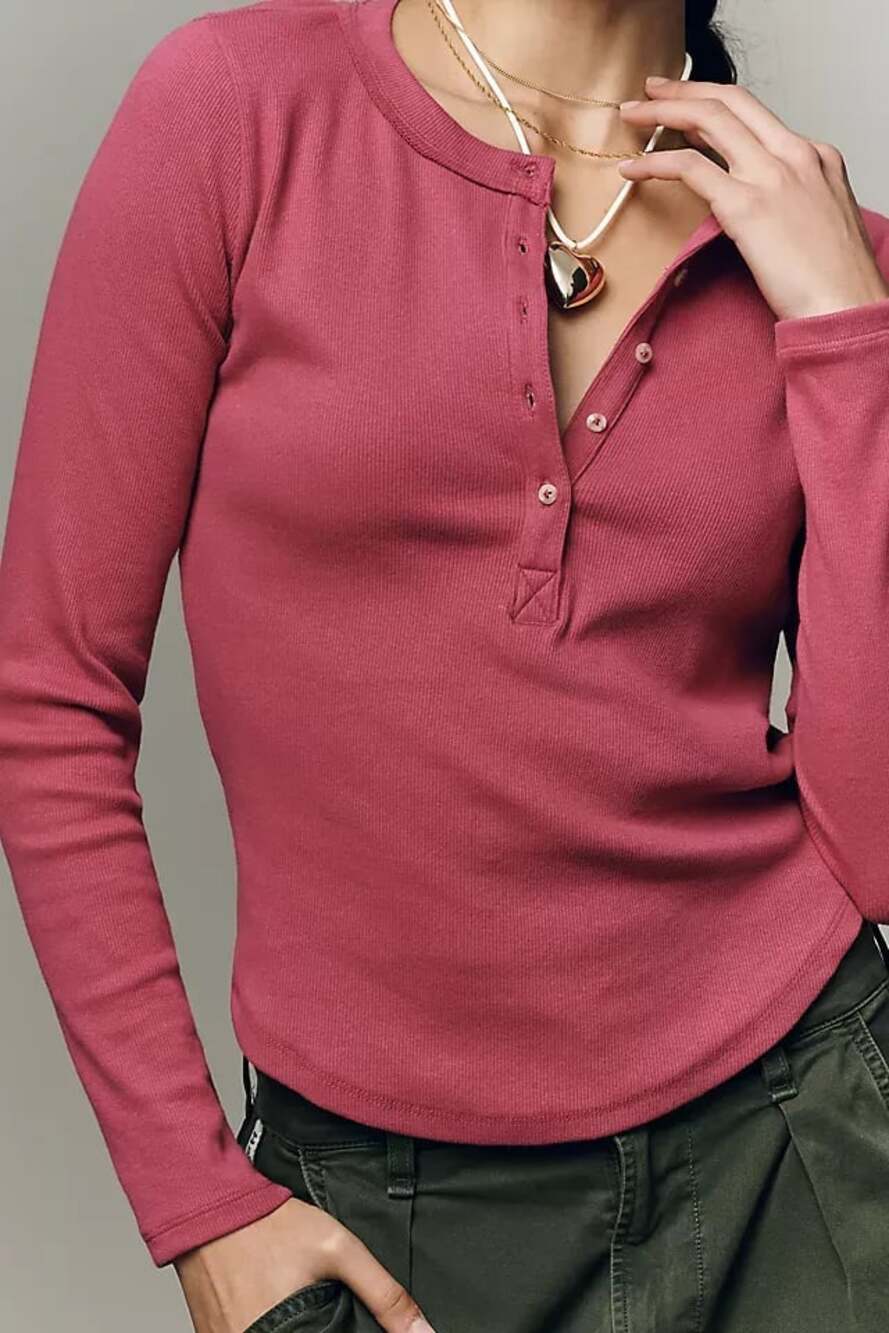 Pilcro Ribbed Long Sleeve Henley Shirt Burgundy Small